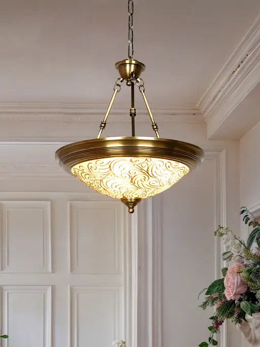 Antique Brass Dish Pendant Lamp with Hand-Painted Frosted Glass Shade