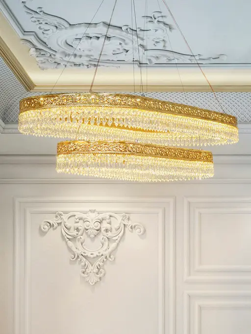 48-Inch Double Capsule Hand-Carved Brass Chandelier | Transitional 2-Tier LED Pendant with Pencil Crystals