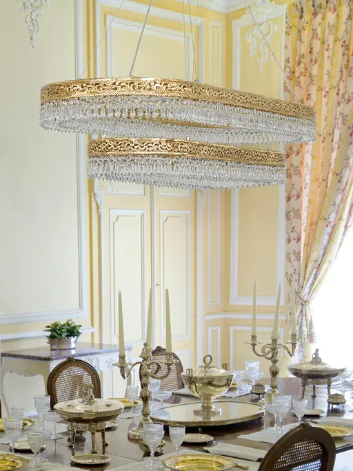 48-Inch Double Capsule Hand-Carved Brass Chandelier | Transitional 2-Tier LED Pendant with Pencil Crystals