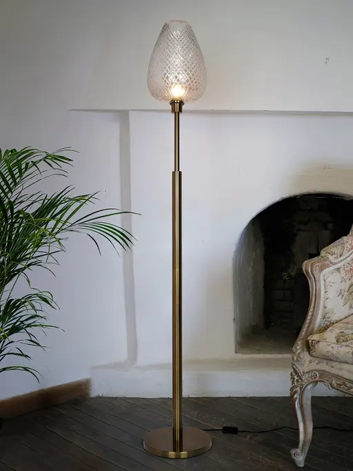 Mid-Century Golden Floor Lamp with Cut Glass Egg-Shaped Shade