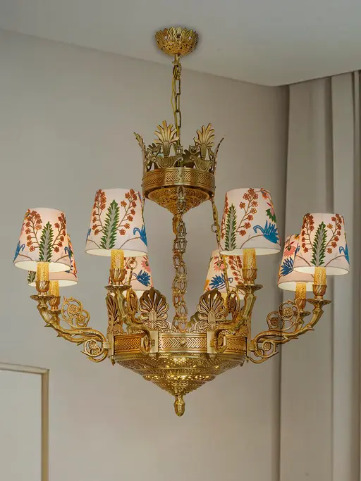 Royal Arabic Moroccan Brass Chandelier | 12-Light Jaali Work with Hand-Embroidered Shades