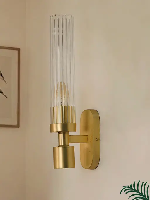 Modern Brushed Gold Cylindrical Fluted Glass Wall Sconce - Dumbbell Silhouette Accent Light