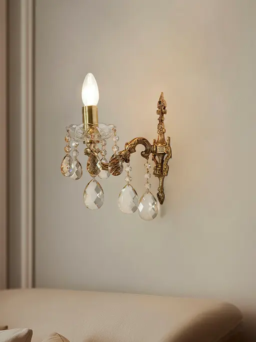 Traditional Antique Cast Brass Candelabra Wall Sconce | Honey Crystal Tear Drops