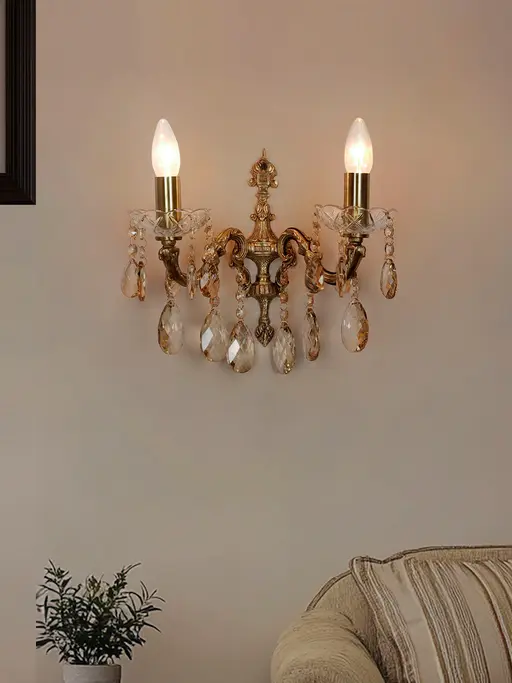 Double-Light Traditional Antique Cast Brass Wall Sconce | Dual Candelabra Arms & Honey Crystals