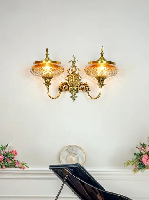 Regal Antique Brass Double Wall Sconce with Golden LusterCovered Glass Shades