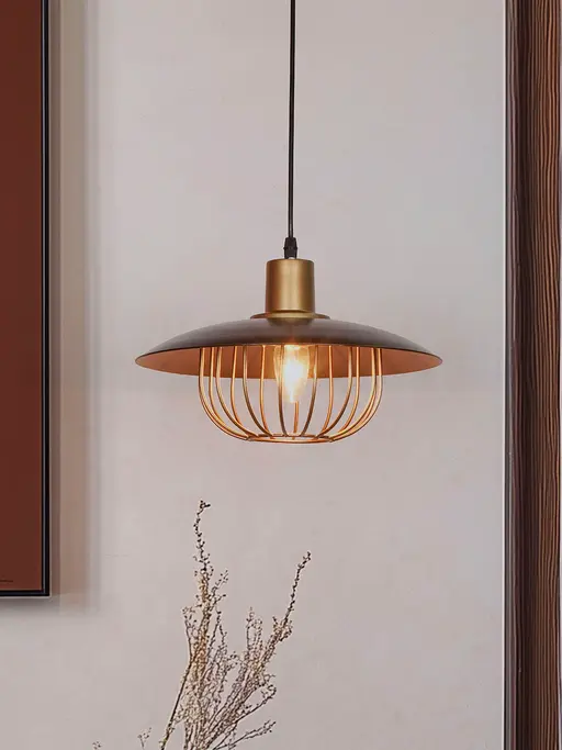 Industrial Brown & Gold Flat Top Cage Pendant Light