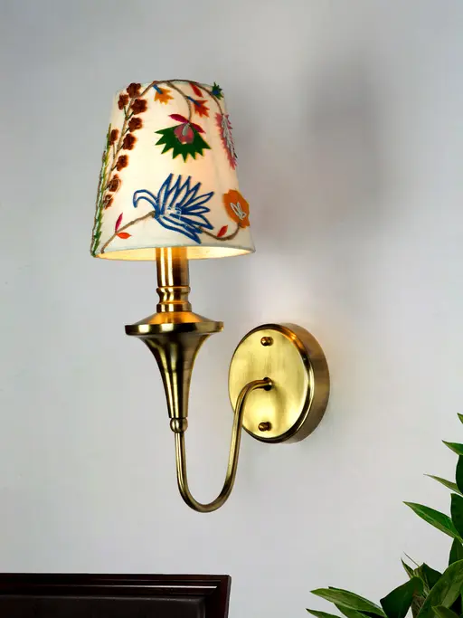 Gold Transitional 16 Inch Brass Single Wall Lamp Light With White Embroidered Fabric Shade