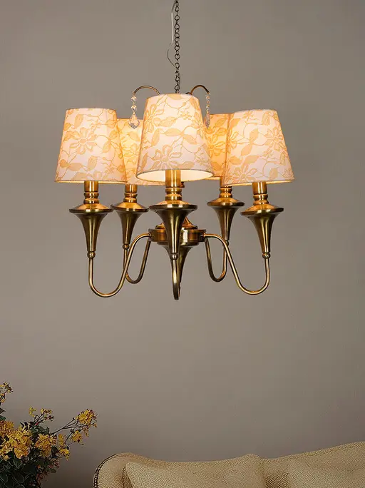Transitional Antique Brass Finished 5-Light Chandelier with Tapered Lace Fabric Shades