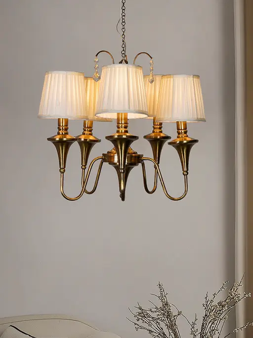Transitional Antique Brass Finished 5-Light Chandelier with Pleated Fabric Shades