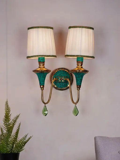 Tibetan Nepalese Double Funnel Wall Sconce with Pleated Shades and Green Stonework