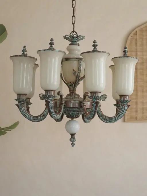 32-Inch Traditional 8-Light Cast Aluminum Chandelier | Bronze Patina Finish with Vintage Milky Glass & Dust-Proof Lids