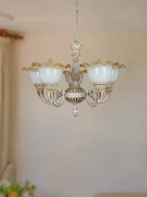 Rustic Distressed White 5-Light Aluminium Chandelier With Floral Glass Shades