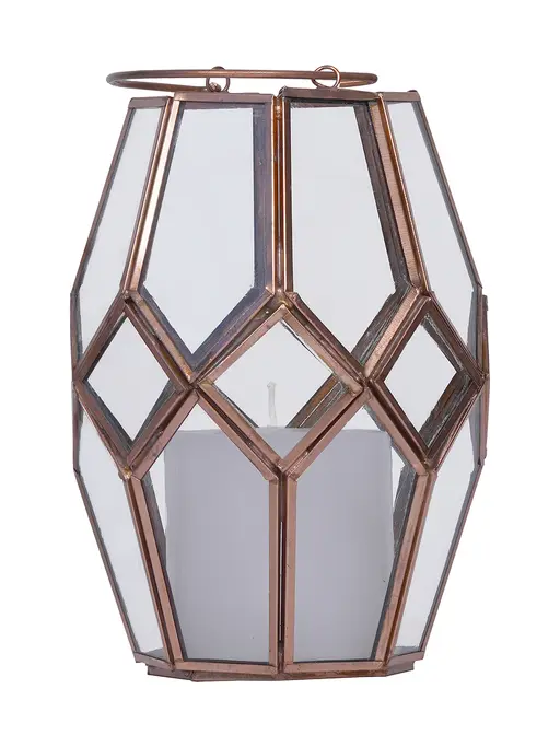 Faceted Metal and Clear Glass Small Bowl Candle Holder Lantern in Copper Finish(Without Candle)