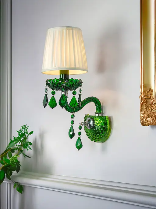 Classic Green Glass Single-Light Wall Sconce with Pleated Off-White Fabric Shade