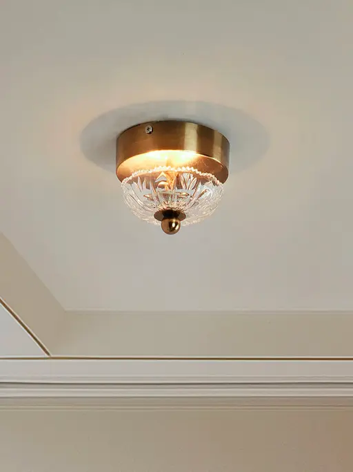 Mini Flushed 6W LED Ceiling Light | Brass Antique Finish with Cut Glass Bobeche