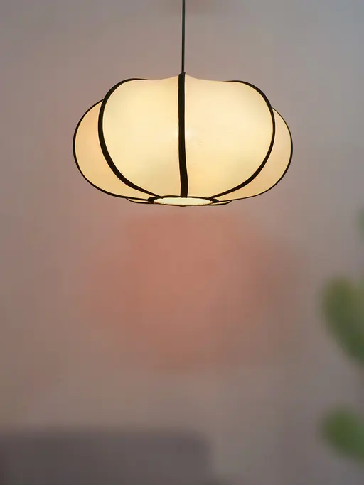 Contemporary Asian Pumpkin-Shaped White Round Fabric Shade Hanging Light