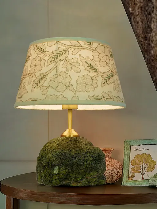 Abstract Green Bidasar Marble Table Lamp with Embroidered Shade