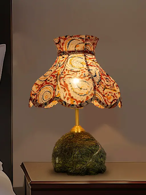 Green Bidasar Marble Table Lamp with Kalamkari Scalloped Shade