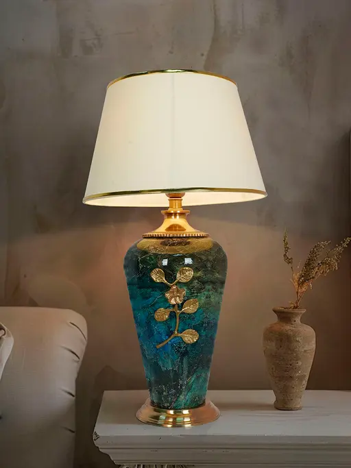 Green Marble Effect Table Lamp with Off-White Tapered Shade