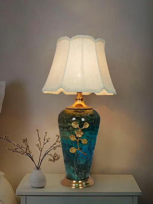 Green Marble Effect Table Lamp with Scalloped Shade