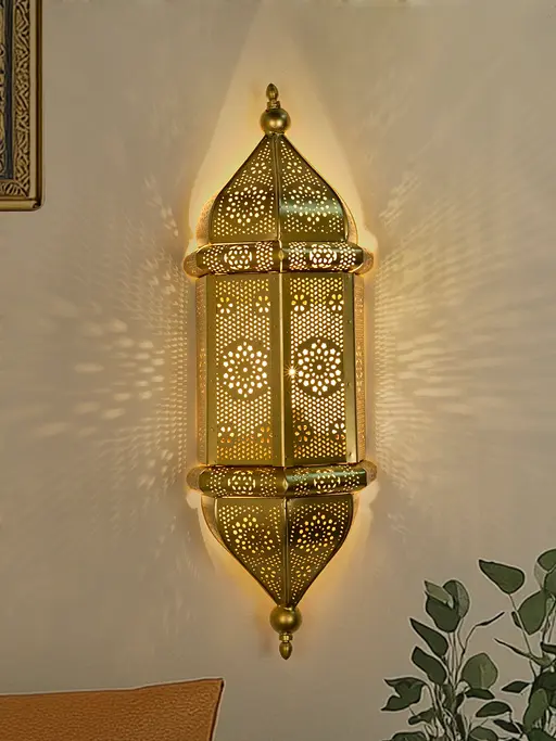 20-Inch Moroccan Gold Jali Wall Sconce | Ornate Arabic Steel Vertical Light Fixture