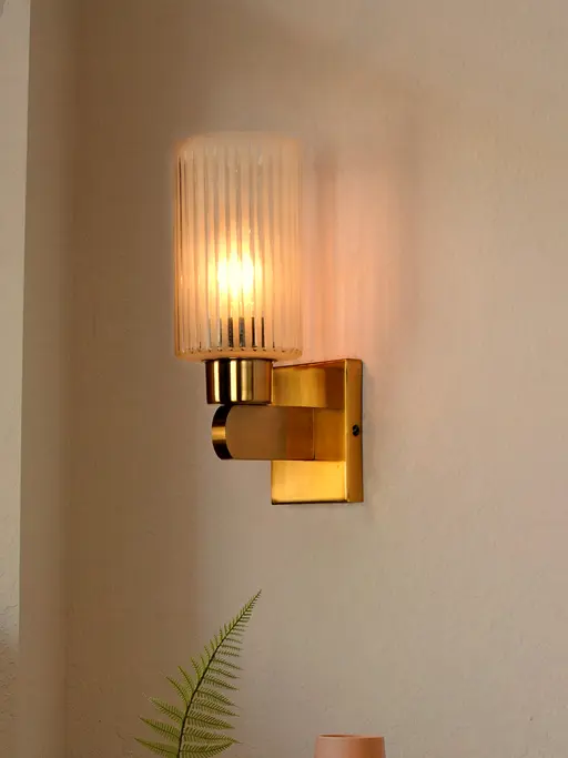 Gold Transitional 10 Inch Hand-Cut Vertical Striped Cylindrical Glass Single-Light Steel Wall Lamp Light