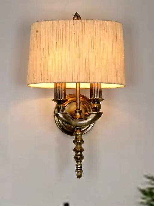 Antique Brass Victorian 23 Inch Dual-Light Aluminium Wall Lamp With Rounded Square Cream Textured Fabric Shade