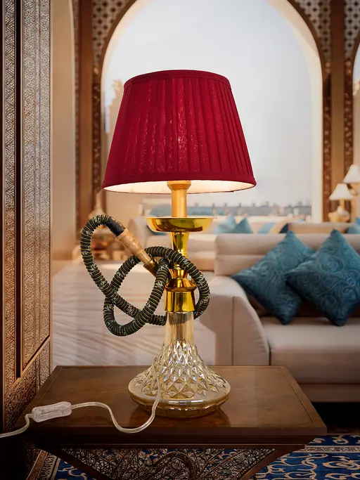 Reimagined Hookah Table Lamp - Unique Cultural Fusion with Maroon Pleated Shade