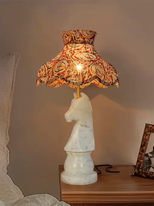 Statuario Marble Chess Knight Table Lamp with Kalamkari Shade