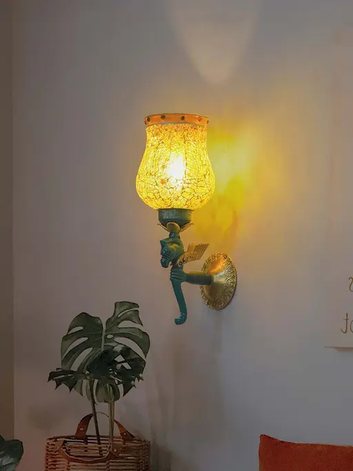 Pegasus Seahorse Aluminium 1 Lamp With Amber Yellow Crackle Glass shade