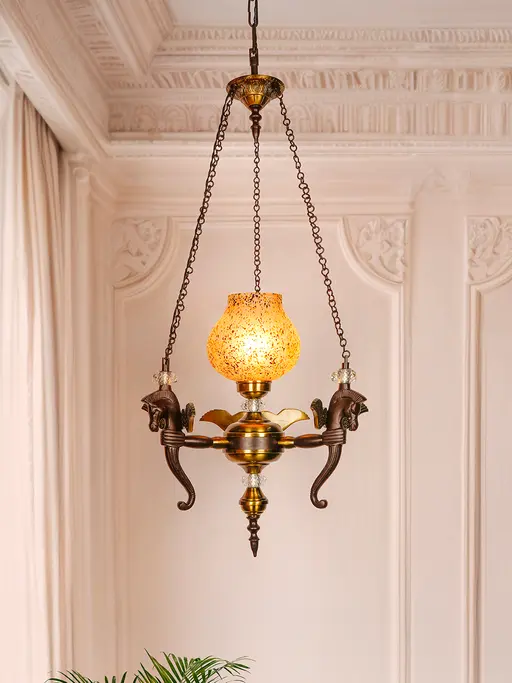 Pegasus Horse Head Pendant Chandelier with Yellow Glass Shade