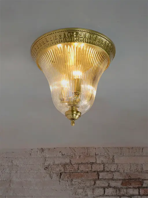 Timeless Elegance: Flushed Antique Brass Ceiling Light with Unique Cut Glass Enclosure