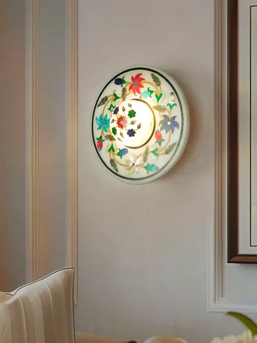 Warm Glow & Exquisite Craftsmanship: Alabaster Wall Sconce with LED & Floral Inlay