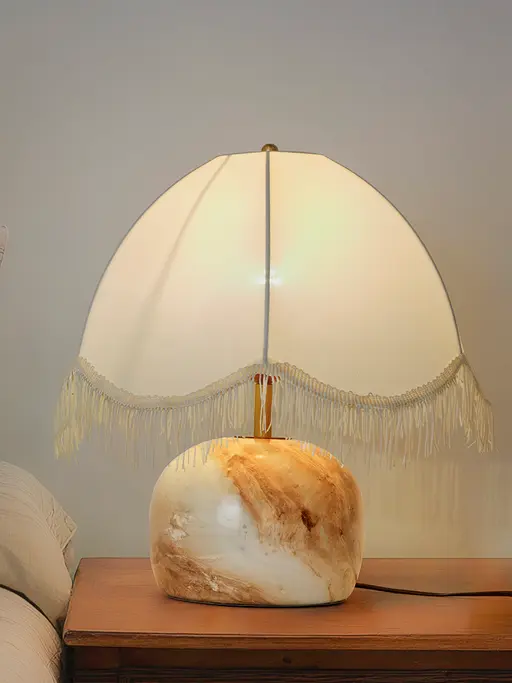 Italian Marble-Print Mild Steel Table Lamp with Scalloped Fringed Dome Shade - 16-Inch Height