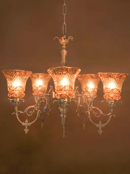 Ornate Brass 5 Light Cut Glass Chandelier