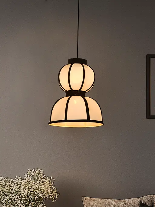 12-Inch Japandi Double Bowl Fabric Pendant | Zen Asian Style White Lantern with Black Structural Ribbing