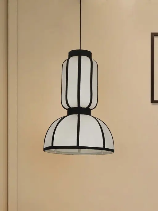 18-Inch Japandi Capsule Fabric Pendant | Zen Asian Style Two-Tier White Lantern with Black Ribbing