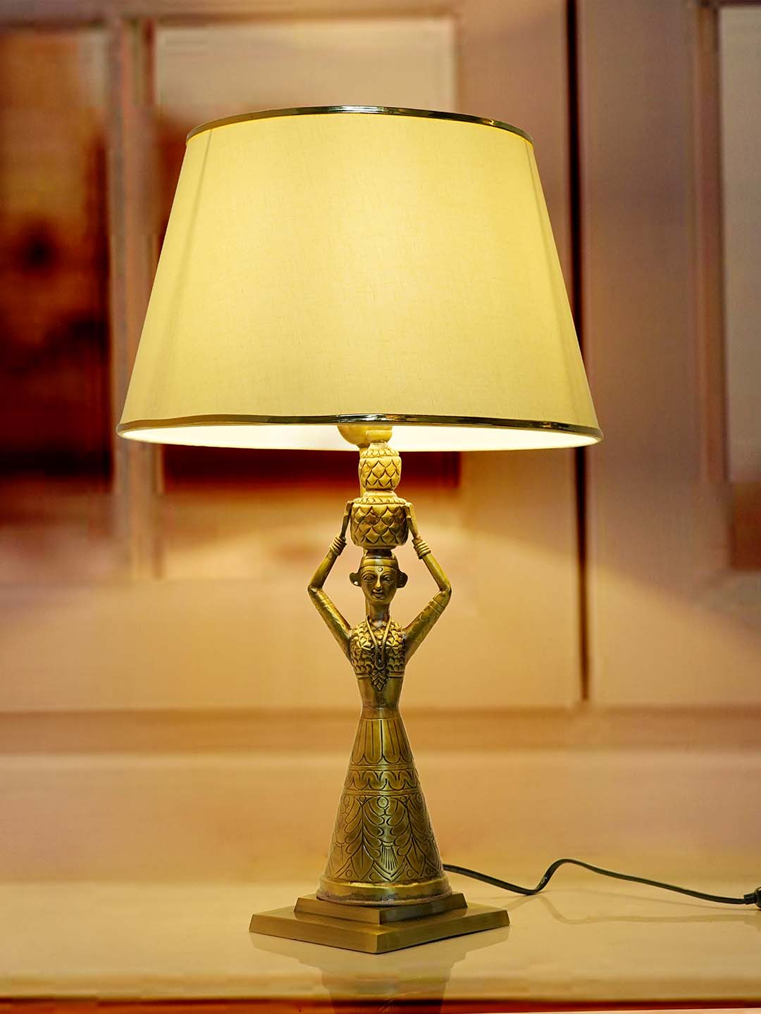 Antique Rajasthani Kalash Belle Brass Table Lamp with Off White Tapered Fabric Shade
