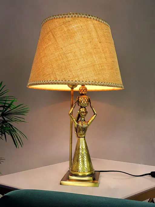Antique Rajasthani Kalash Belle Brass Table Lamp with 14 Inch Tapered Jute Shade