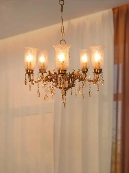 Transitional 5-Lights Cast Brass Chandelier With Floral Etched Glass Shades