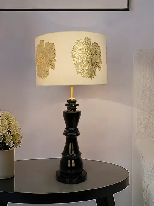 Black Marquina Marble Chess King Table Lamp with Gold Embroidered Drum Shade