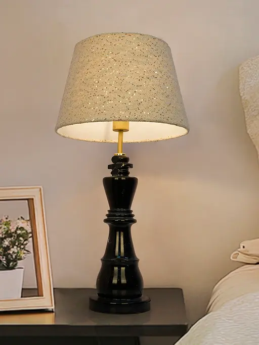 Black Marquina Marble Chess King Table Lamp with Sequined Jute Shade