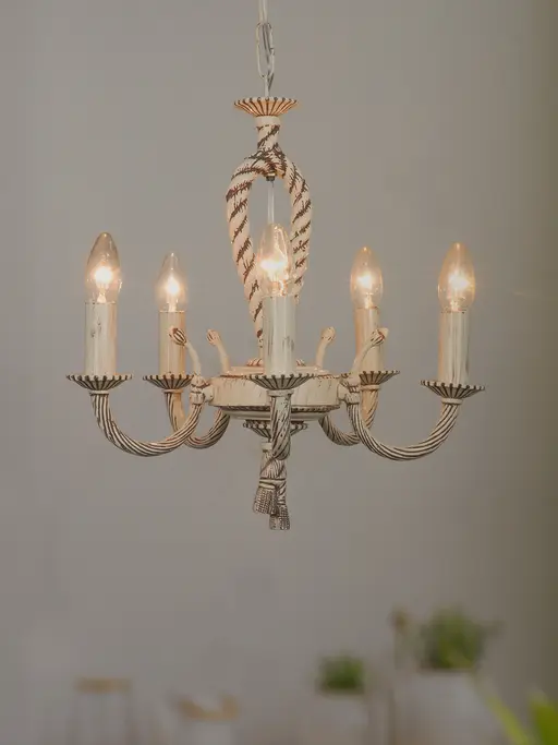 Knotted Cast Aluminium Distressed Creme Antique 5-Light Candelabra Ceiling Hanging