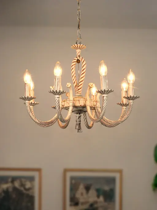 Knotted Cast Aluminium Distressed Creme Antique 8-Light Candelabra Ceiling Hanging
