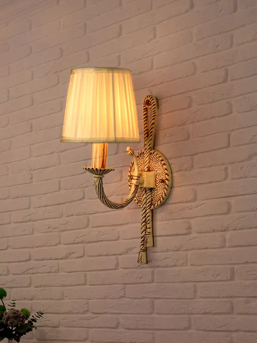 Knotted Cast Aluminium Distressed Creme Antique 1-Light Wall Lamp with Pleated Fabric Shades