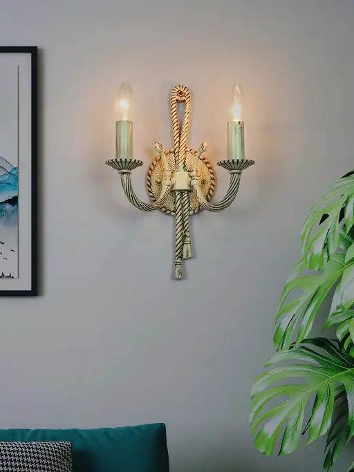 Knotted Cast Aluminium Distressed Creme Antique 2 Light Candelabra Wall Lamp