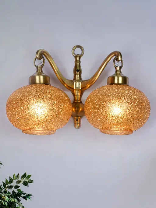 Antique Cast Brass Downward Double-Light Wall Lamp With Golden Beaded Glass Globe Shades