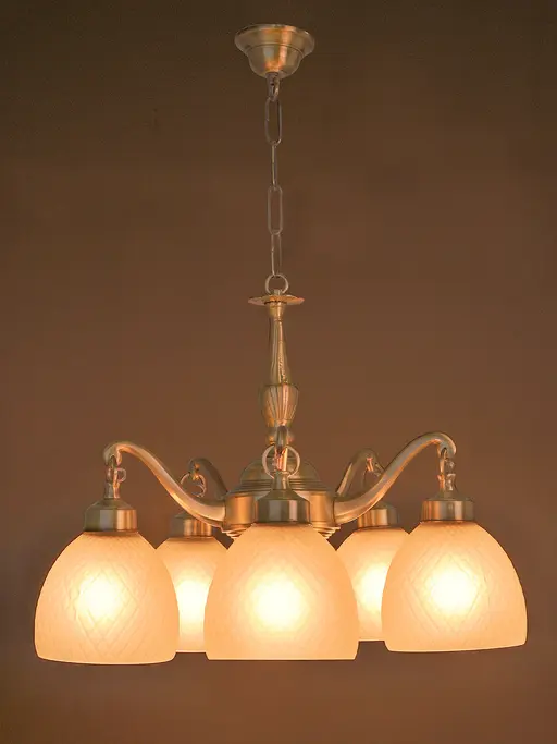 Classic Downward Frosted Diamond Glass 5 Light Brass Chandelier