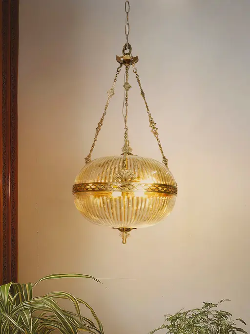 Ornate Brass & Hand-Cut Golden Glass Pendant Light |  Large Classic Transitional Pendant Light