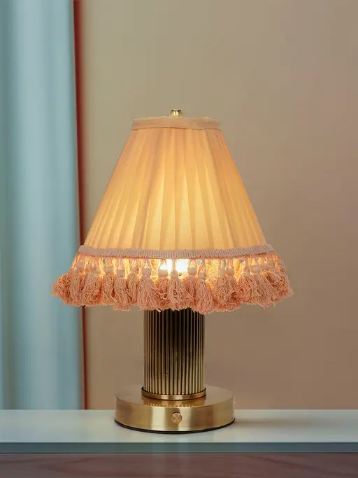 Cordless Dimmable Touch Table Lamp with Pleated Camel Fabric Shade | Antique Brass Finish